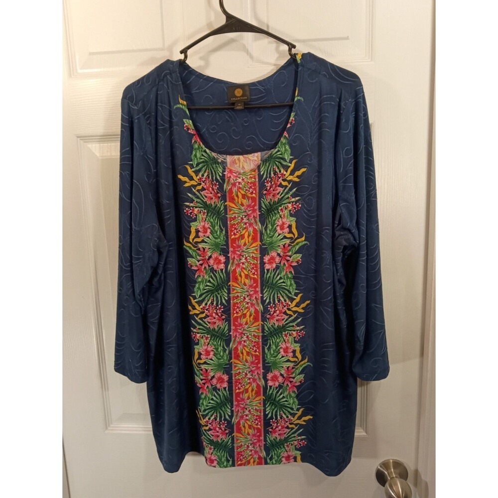 JM Collection Top Plus Size 2X Blue Multicolor Floral